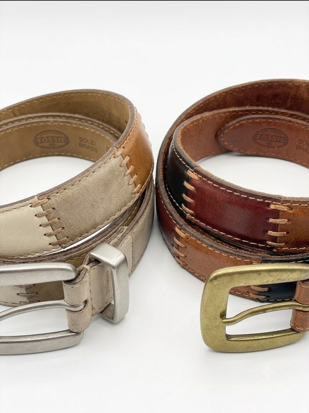 Lot of 2 Vintage Fossil Slim Skinny Belts Patchwork Leather Size Medium